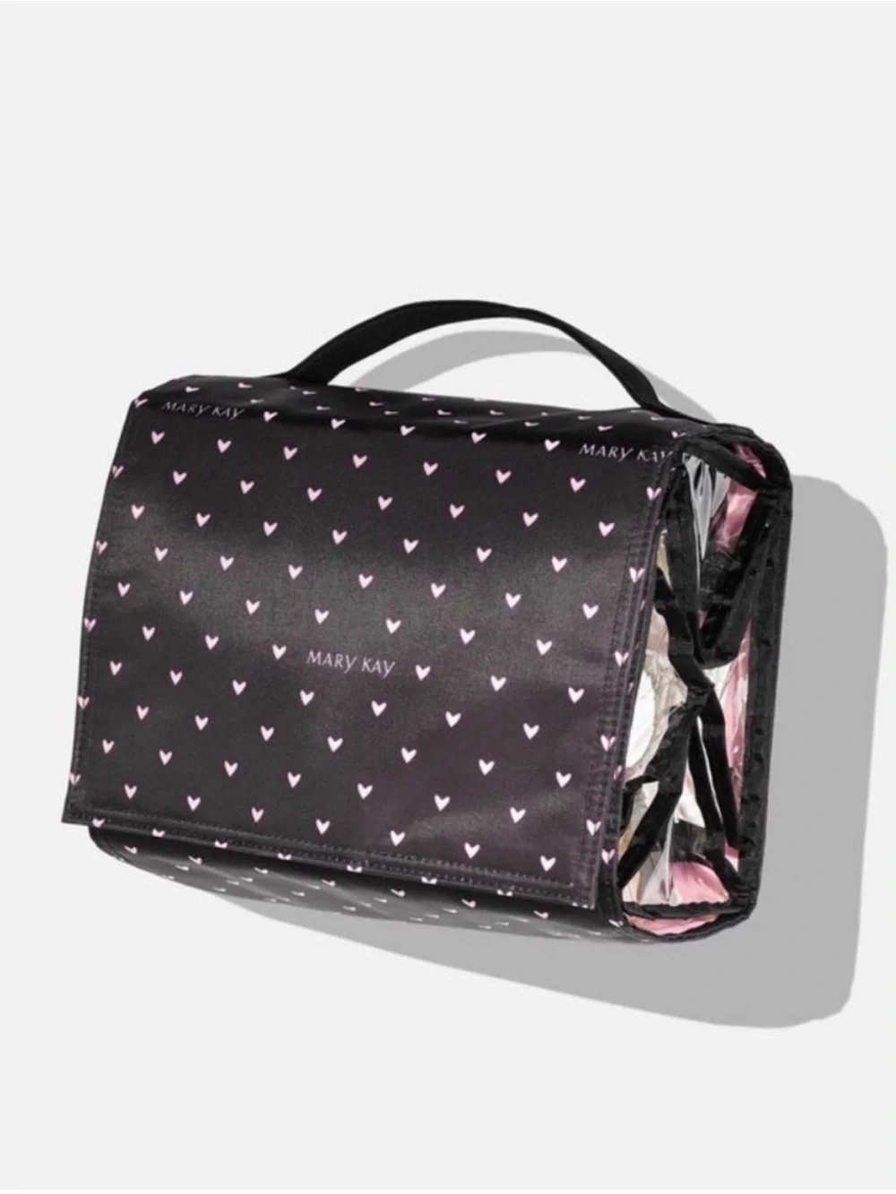 NWT Mary Kay Black Cosmetic Train Case with Pink Heart Pattern